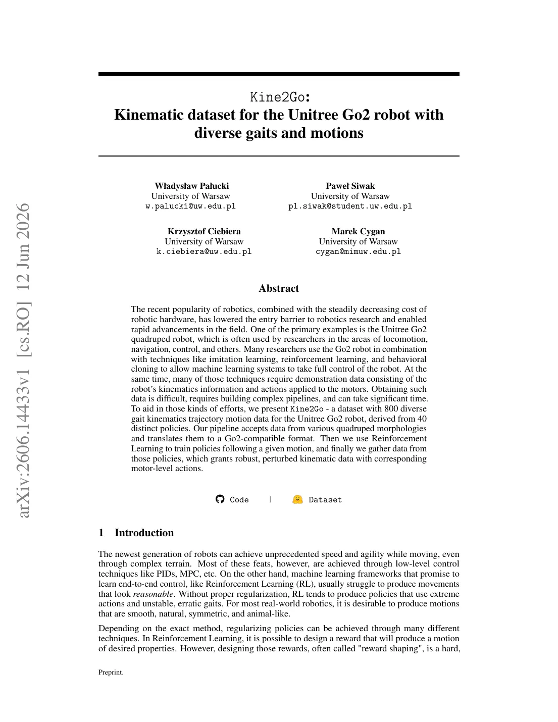 Kine2Go: Kinematic dataset for the Unitree Go2 robot with diverse gaits and motions visual
