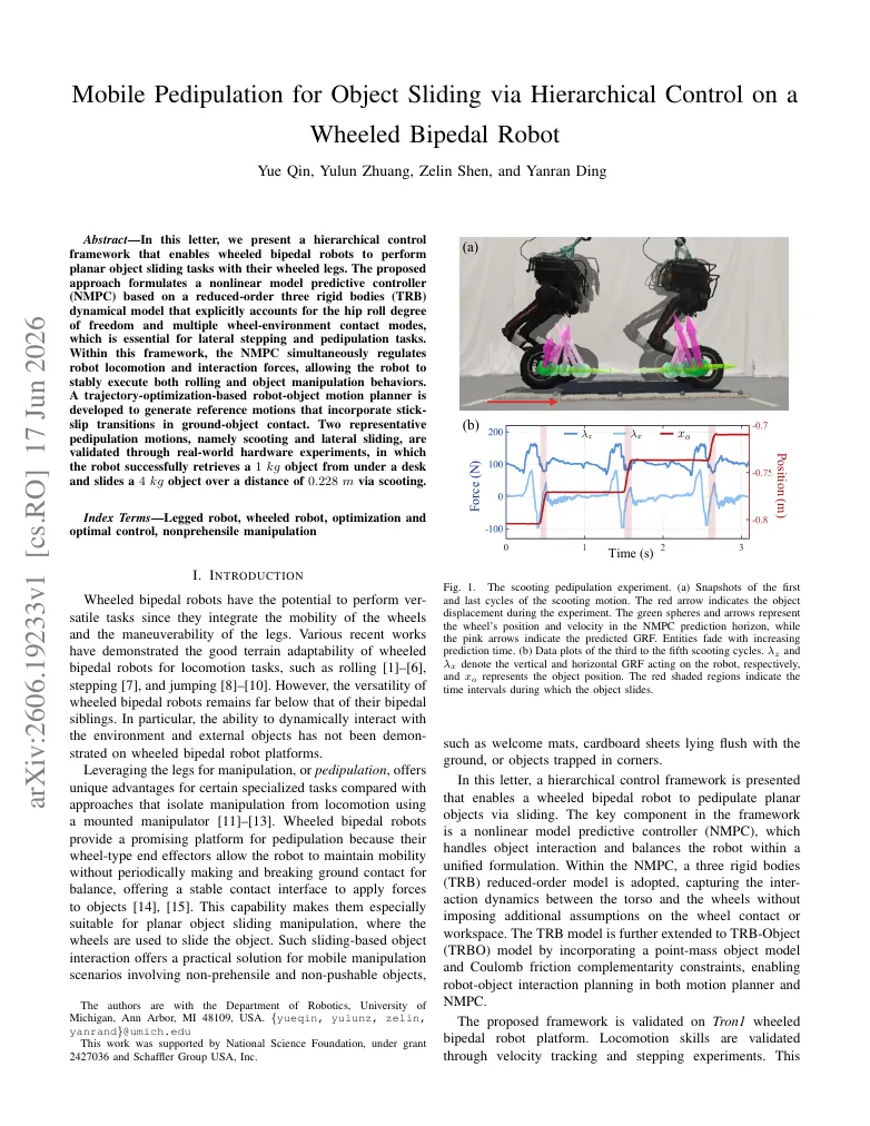 Mobile Pedipulation for Object Sliding via Hierarchical Control on a Wheeled Bipedal Robot visual