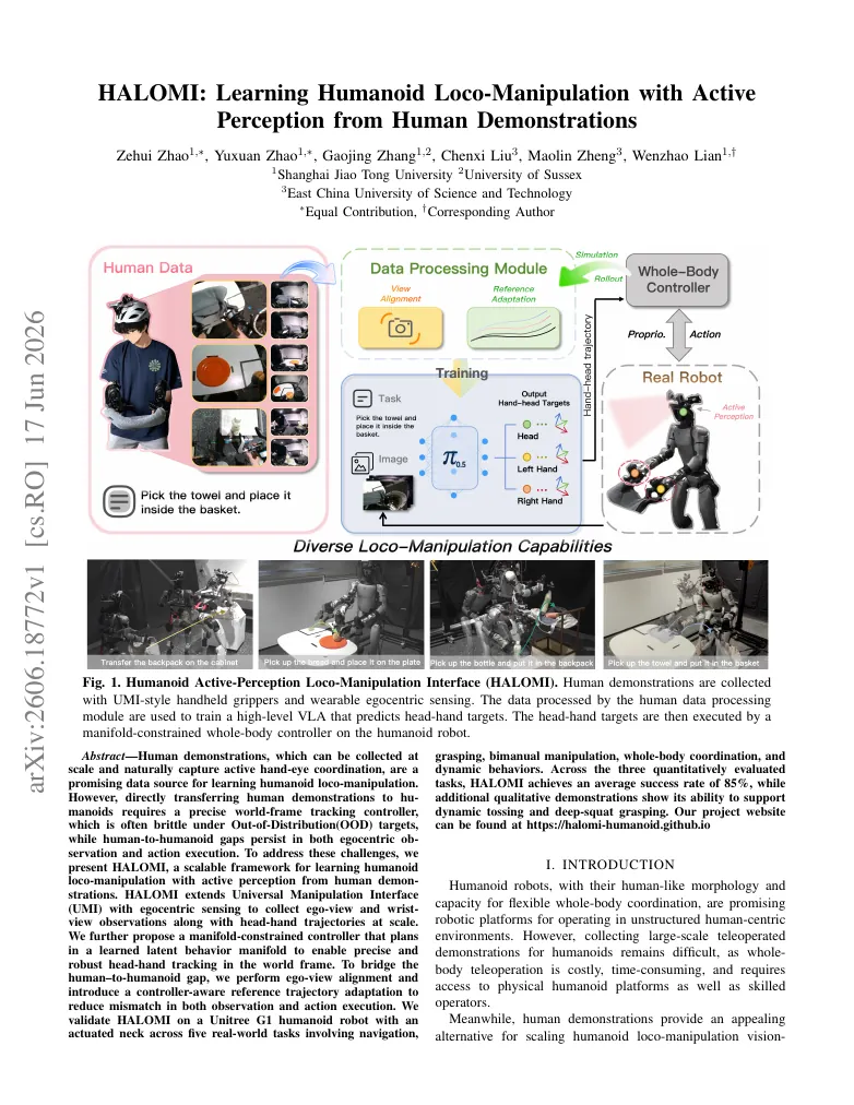 HALOMI: Learning Humanoid Loco-Manipulation with Active Perception from Human Demonstrations visual