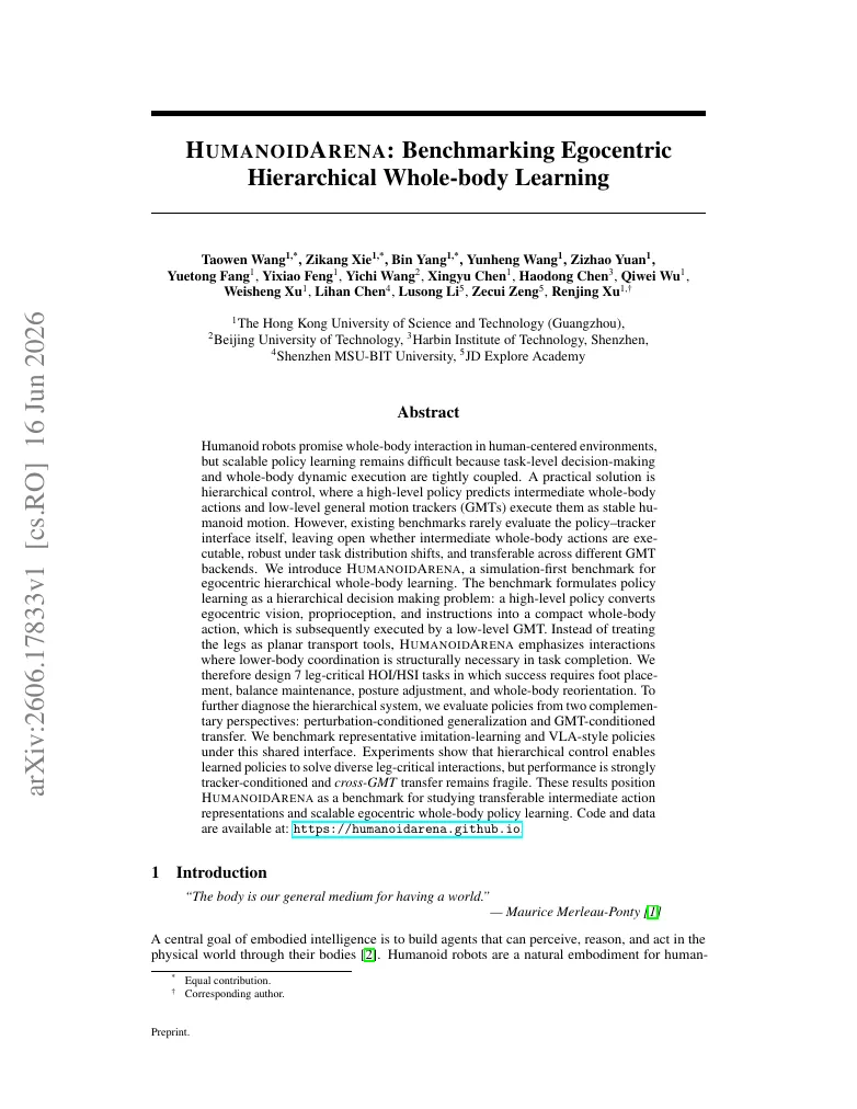 HumanoidArena: Benchmarking Egocentric Hierarchical Whole-body Learning visual