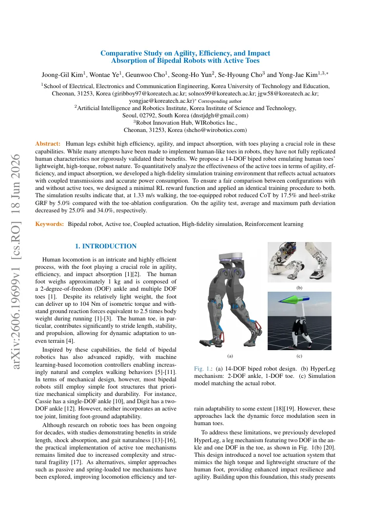 Comparative Study on Agility, Efficiency, and Impact Absorption of Bipedal Robots with Active Toes visual