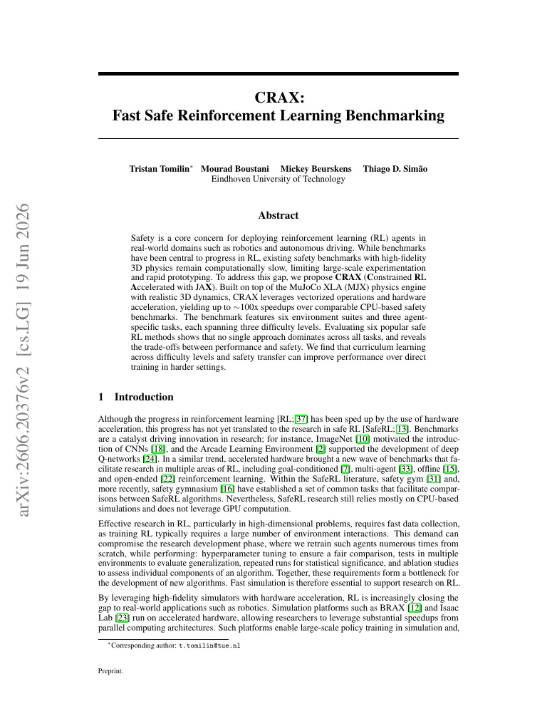 CRAX: Fast Safe Reinforcement Learning Benchmarking visual