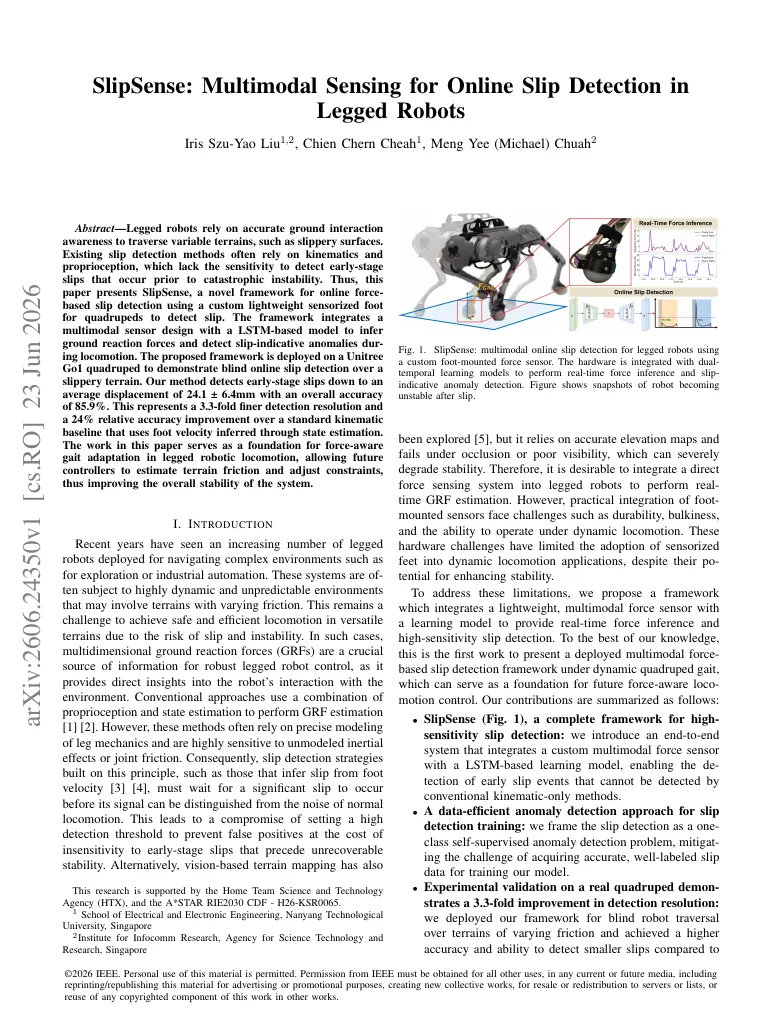SlipSense: Multimodal Sensing for Online Slip Detection in Legged Robots visual