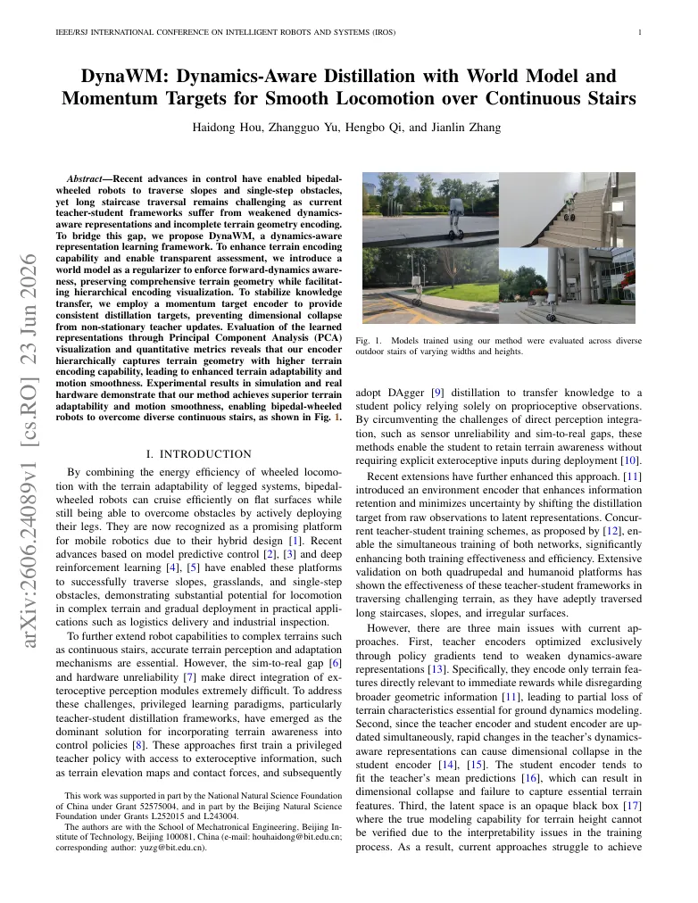 DynaWM: Dynamics-Aware Distillation with World Model and Momentum Targets for Smooth Locomotion over Continuous Stairs visual