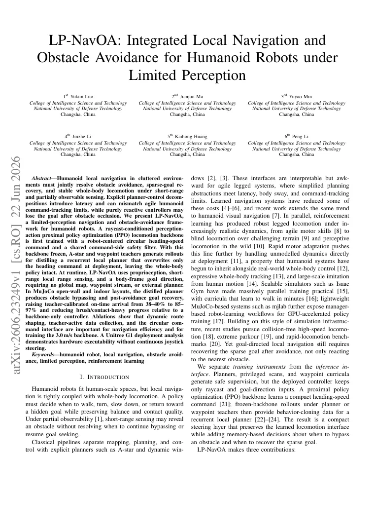 LP-NavOA: Integrated Local Navigation and Obstacle Avoidance for Humanoid Robots under Limited Perception visual