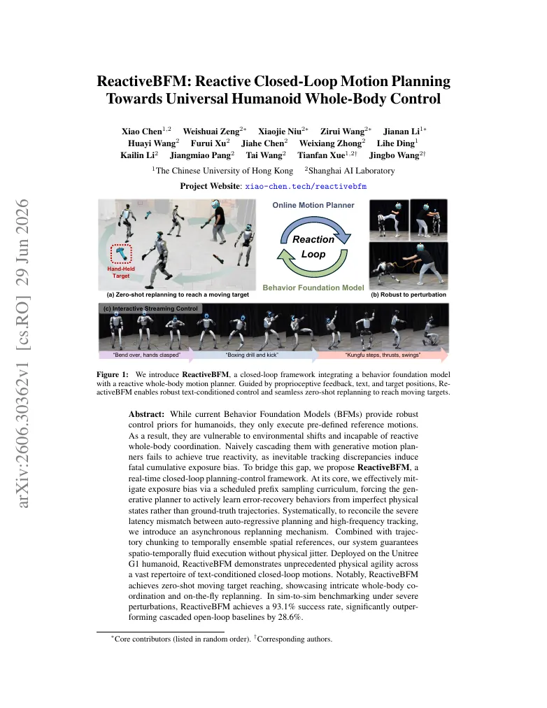ReactiveBFM: Reactive Closed-Loop Motion Planning Towards Universal Humanoid Whole-Body Control visual
