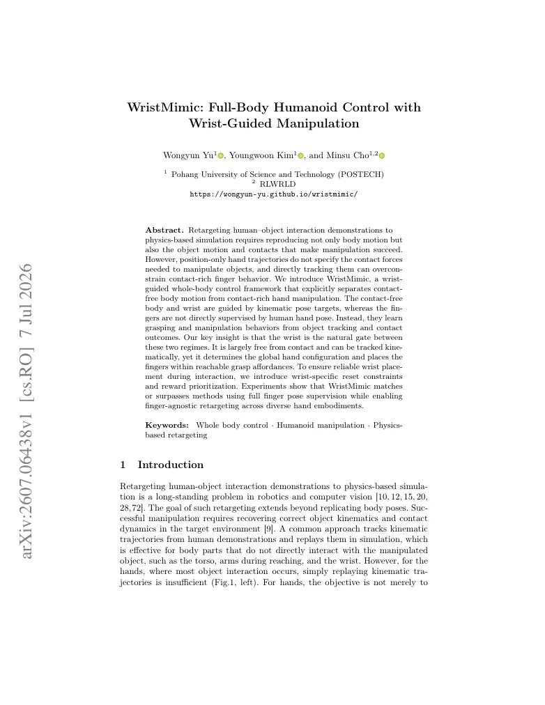WristMimic: Full-Body Humanoid Control with Wrist-Guided Manipulation visual