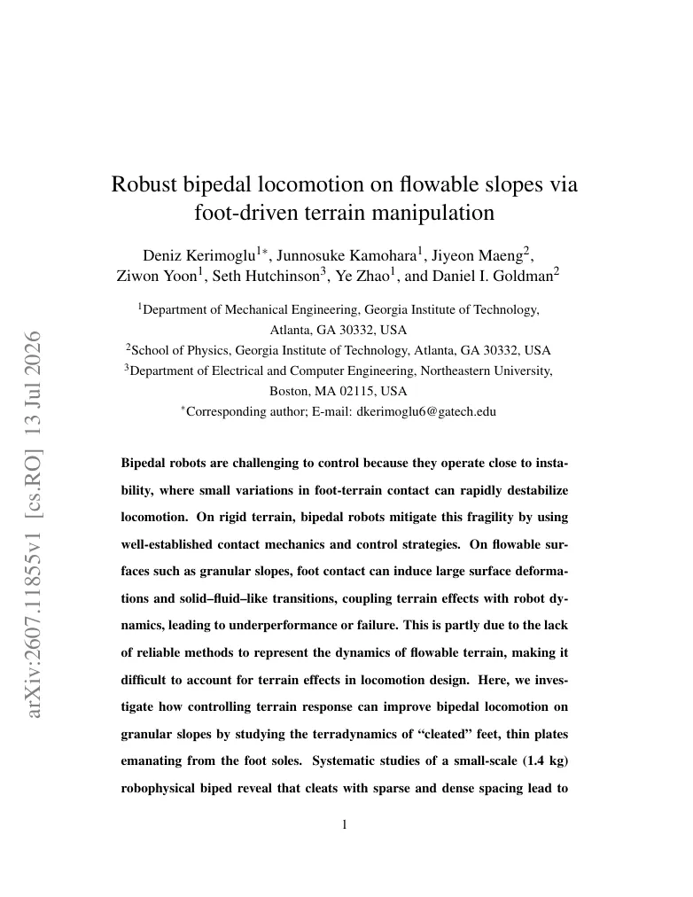 Robust bipedal locomotion on flowable slopes via foot-driven terrain manipulation visual