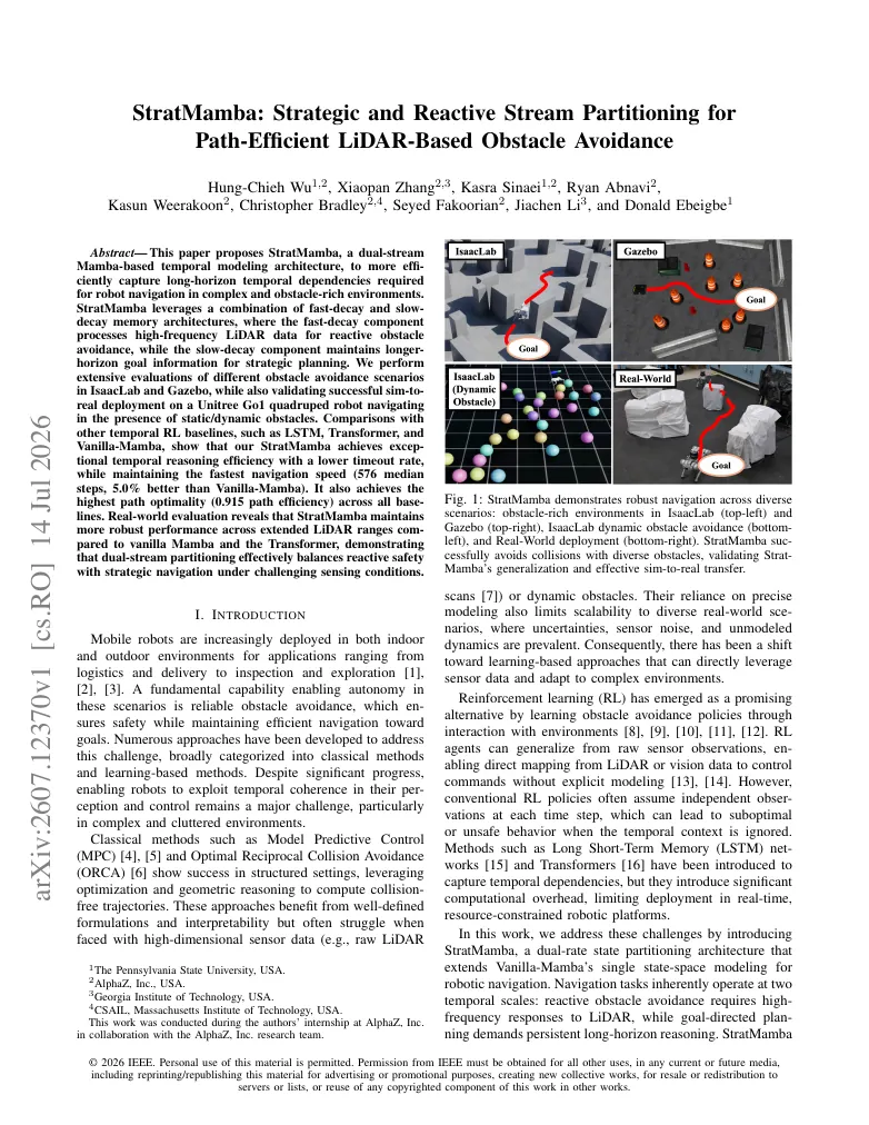 StratMamba: Strategic and Reactive Stream Partitioning for Path-Efficient LiDAR-Based Obstacle Avoidance visual