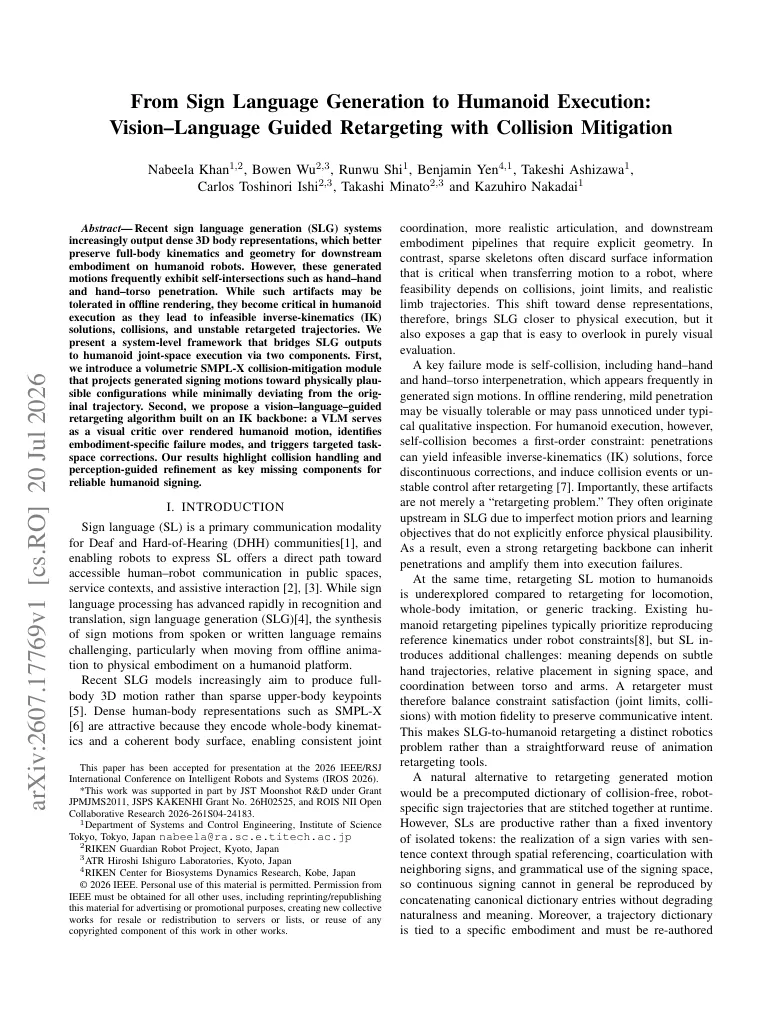 From Sign Language Generation to Humanoid Execution: Vision-Language Guided Retargeting with Collision Mitigation visual