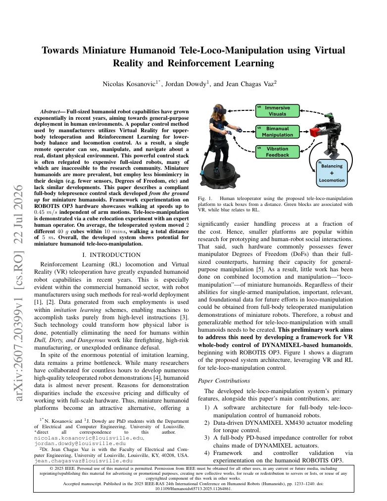 Towards Miniature Humanoid Tele-Loco-Manipulation Using Virtual Reality and Reinforcement Learning visual