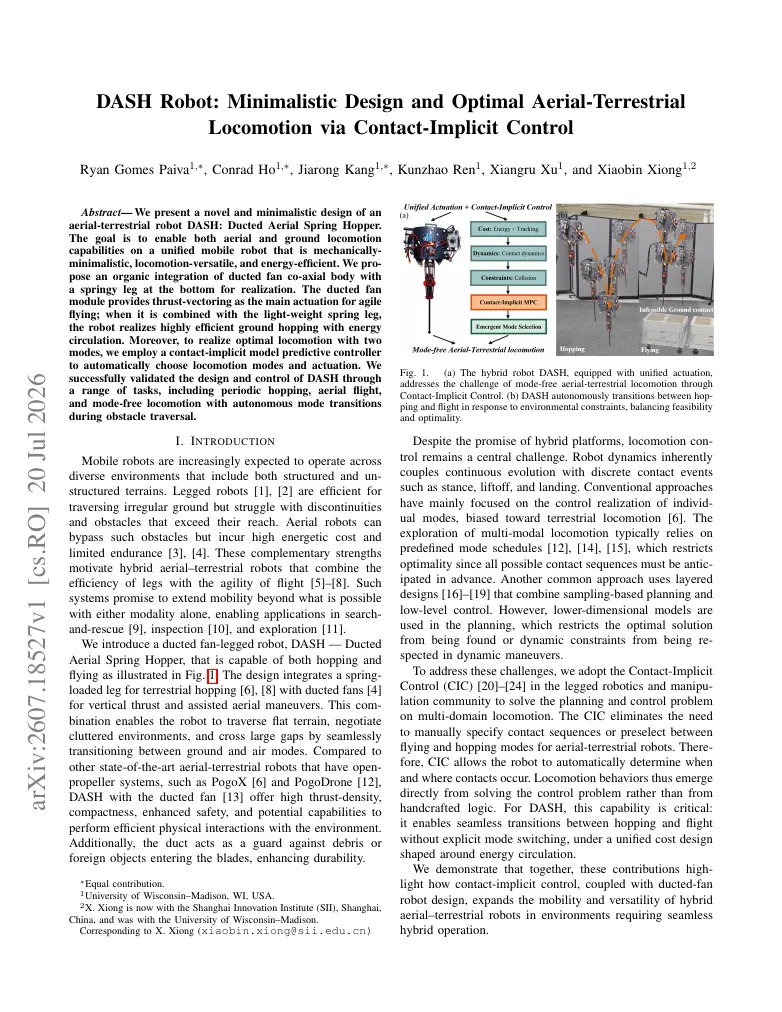 DASH Robot: Minimalistic Design and Optimal Aerial-Terrestrial Locomotion via Contact-Implicit Control visual