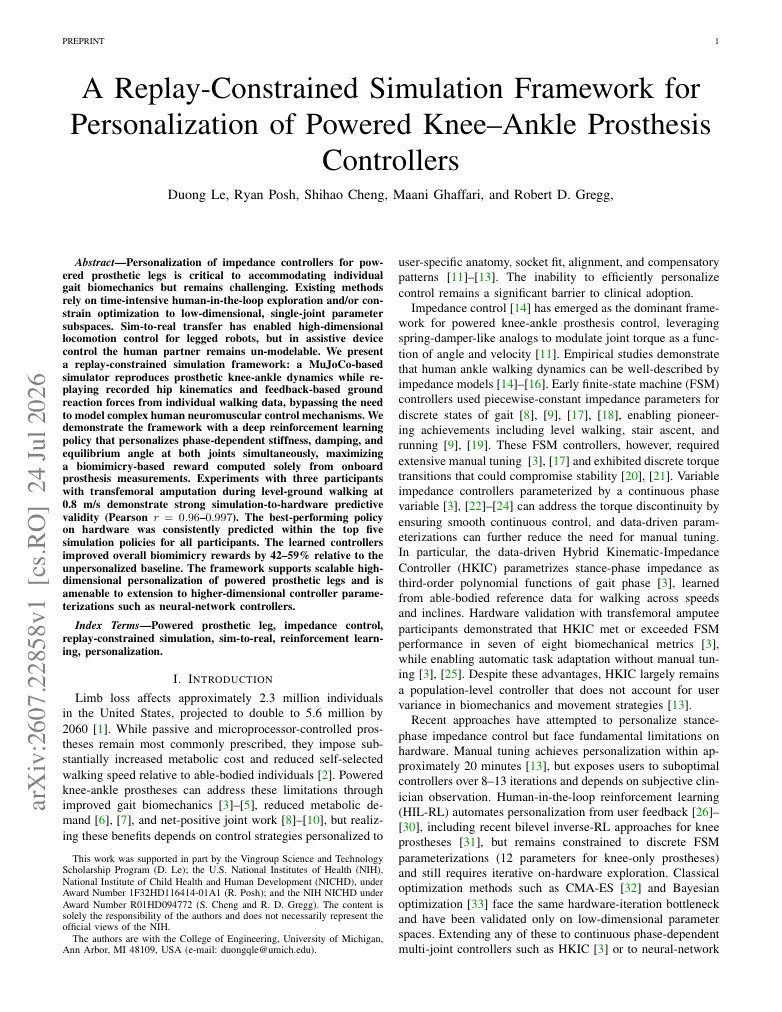 A Replay-Constrained Simulation Framework for Personalization of Powered Knee-Ankle Prosthesis Controllers visual