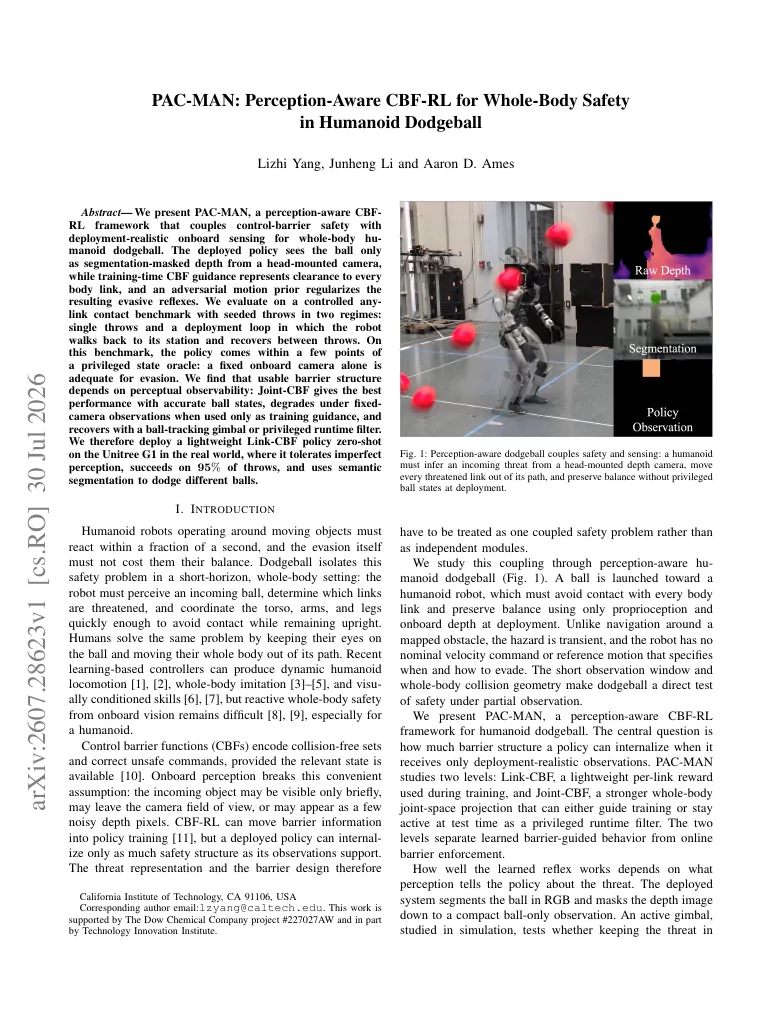 PAC-MAN: Perception-Aware CBF-RL for Whole-Body Safety in Humanoid Dodgeball visual
