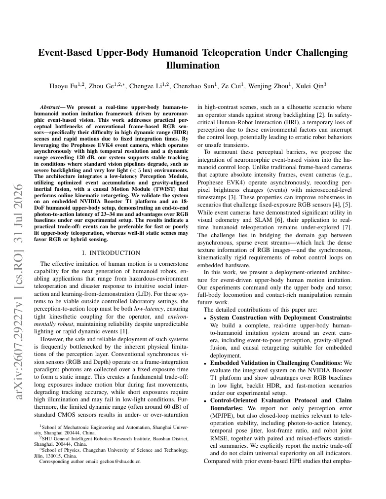 Event-Based Upper-Body Humanoid Teleoperation Under Challenging Illumination visual
