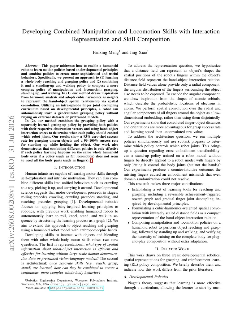 Developing Combined Manipulation and Locomotion Skills with Interaction Representation and Skill Composition visual