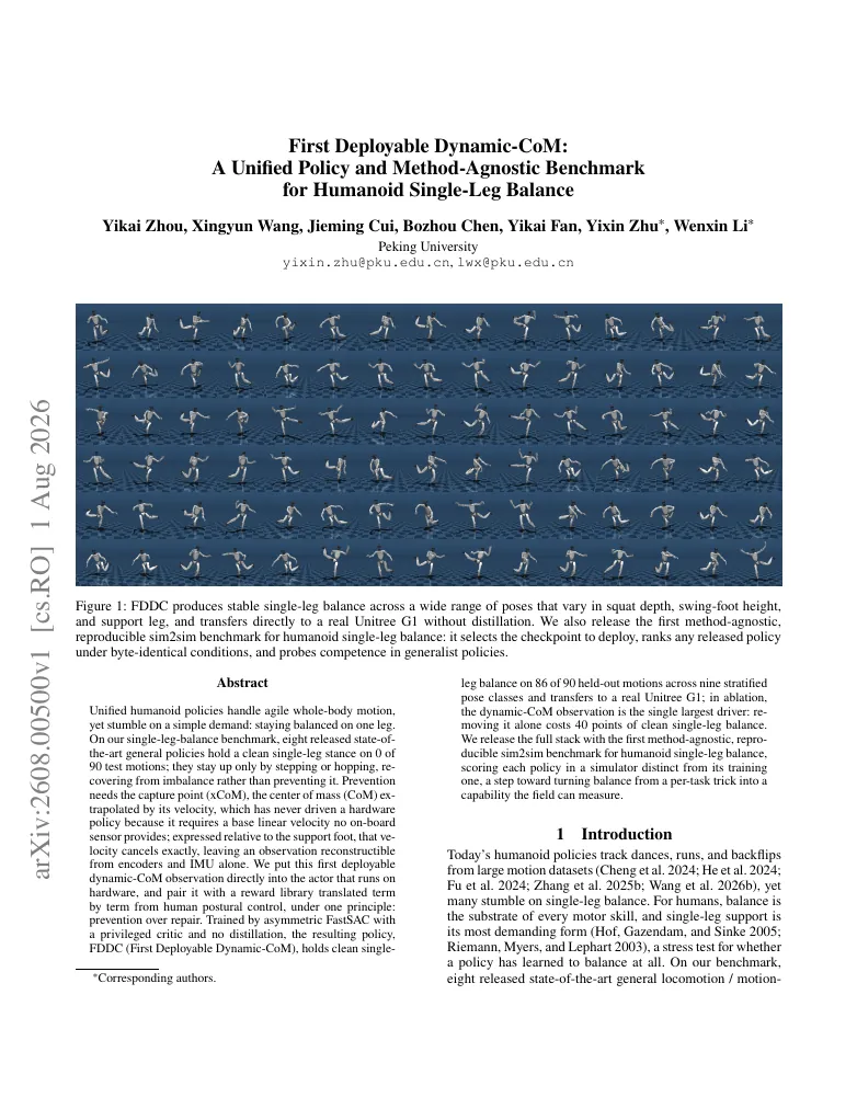 First Deployable Dynamic-CoM: A Unified Policy and Method-Agnostic Benchmark for Humanoid Single-Leg Balance visual