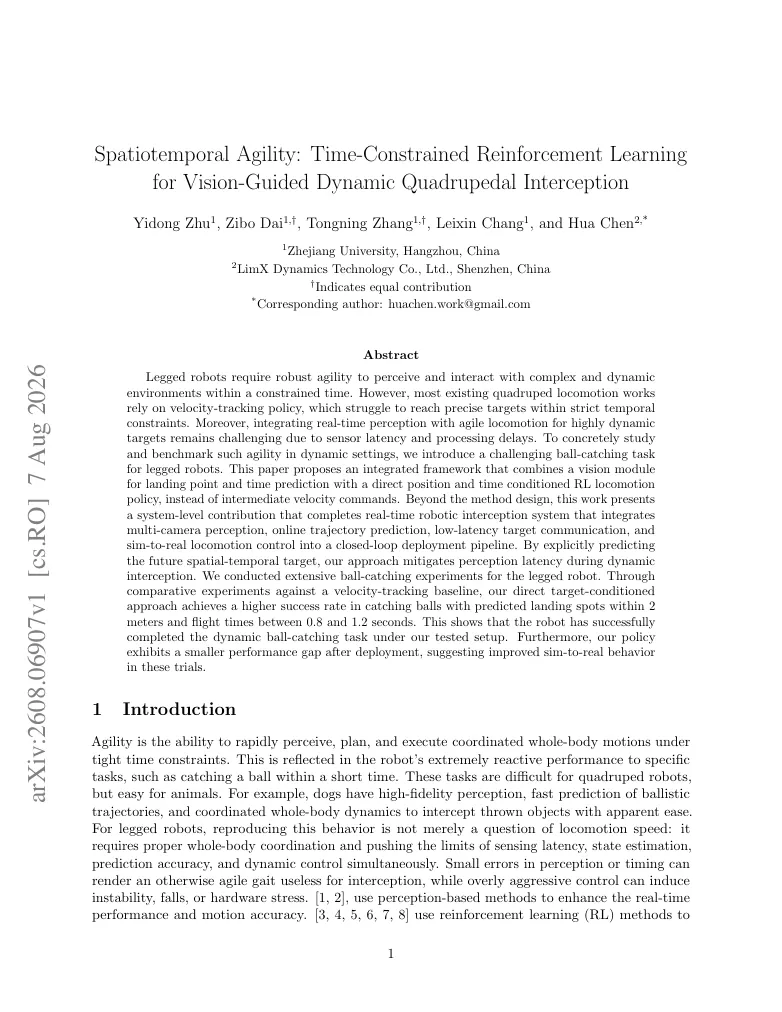 Spatiotemporal Agility: Time-Constrained Reinforcement Learning for Vision-Guided Dynamic Quadrupedal Interception visual
