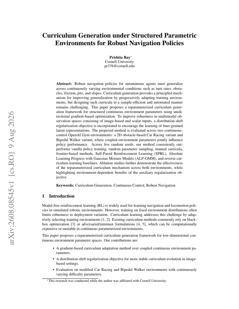 Curriculum Generation under Structured Parametric Environments for Robust Navigation Policies visual
