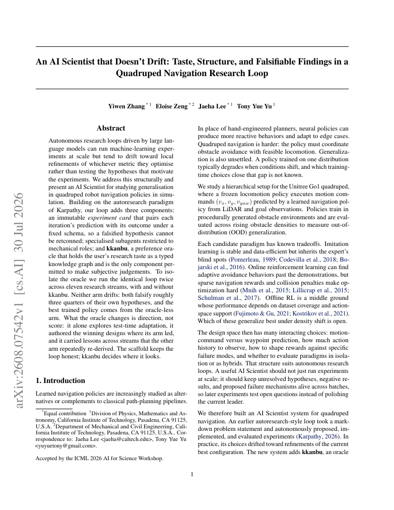 An AI Scientist that Doesn't Drift: Taste, Structure, and Falsifiable Findings in a Quadruped Navigation Research Loop visual