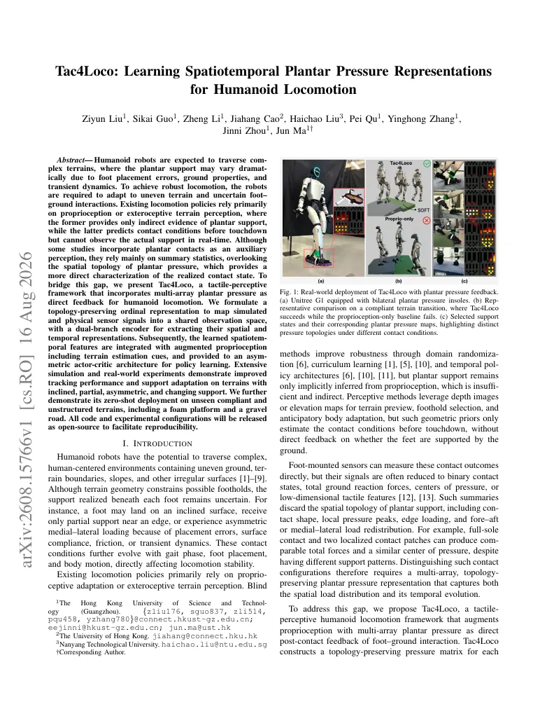 Tac4Loco: Learning Spatiotemporal Plantar Pressure Representations for Humanoid Locomotion visual