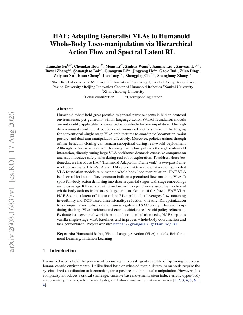 HAF: Adapting Generalist VLAs to Humanoid Whole-Body Loco-manipulation via Hierarchical Action Flow and Spectral Latent RL visual