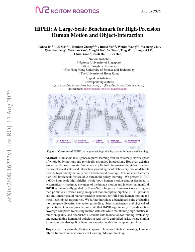 HiPHI: A Large-Scale Benchmark for High-Precision Human Motion and Object-Interaction visual