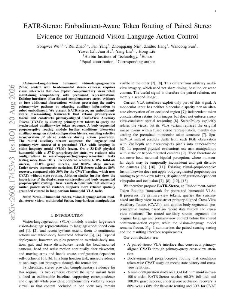 EATR-Stereo: Embodiment-Aware Routing of Paired Stereo Evidence for Humanoid Vision-Language-Action Control visual