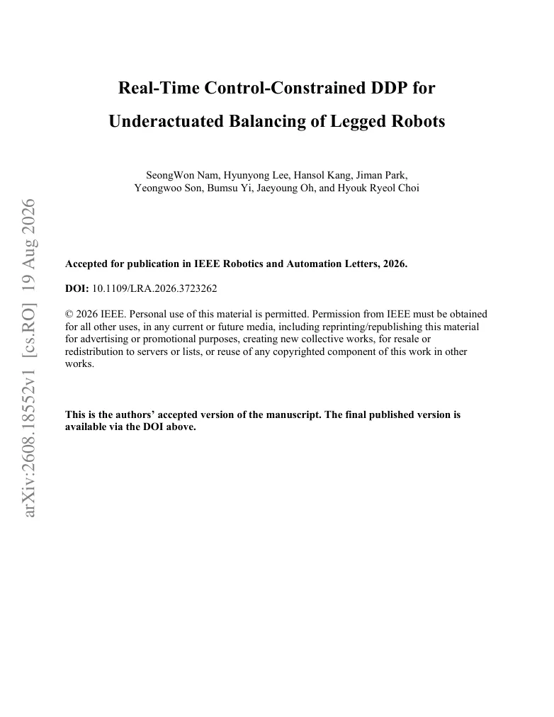 Real-Time Control-Constrained DDP for Underactuated Balancing of Legged Robots visual