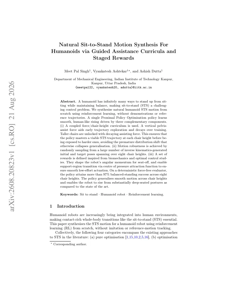 Natural Sit-to-Stand Motion Synthesis For Humanoids via Guided Assistance Curricula and Staged Rewards visual