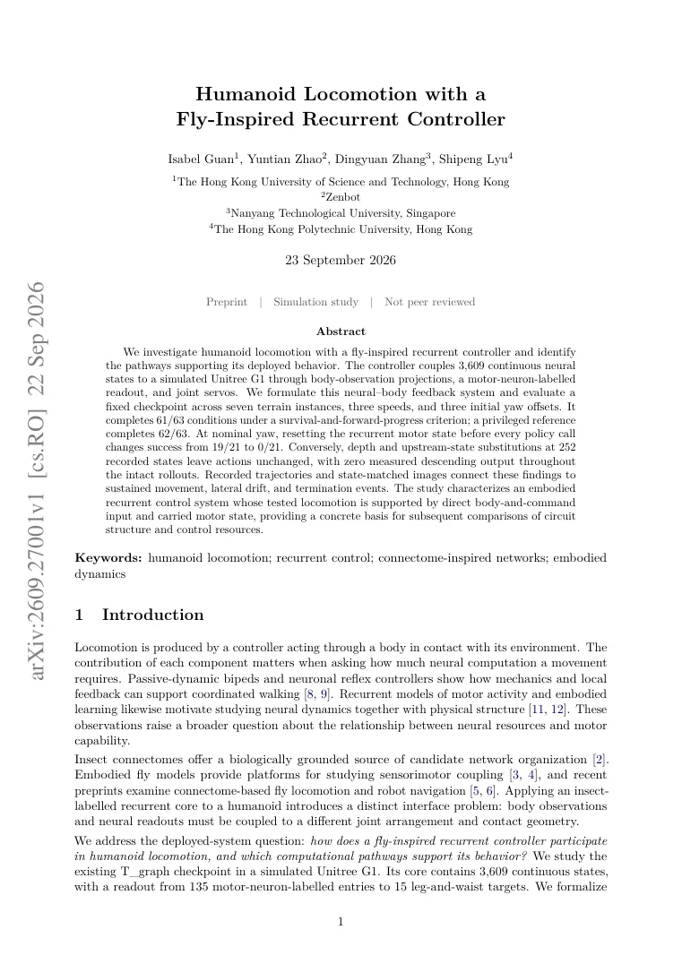 Humanoid Locomotion with a Fly-Inspired Recurrent Controller visual
