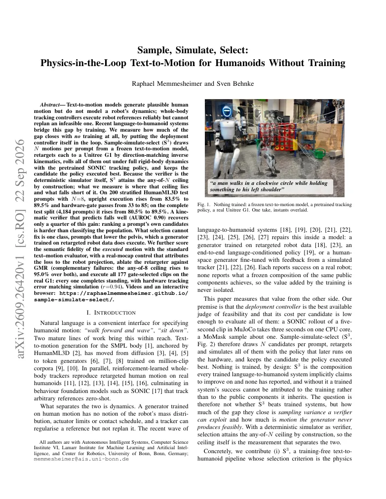 Sample, Simulate, Select: Physics-in-the-Loop Text-to-Motion for Humanoids Without Training visual
