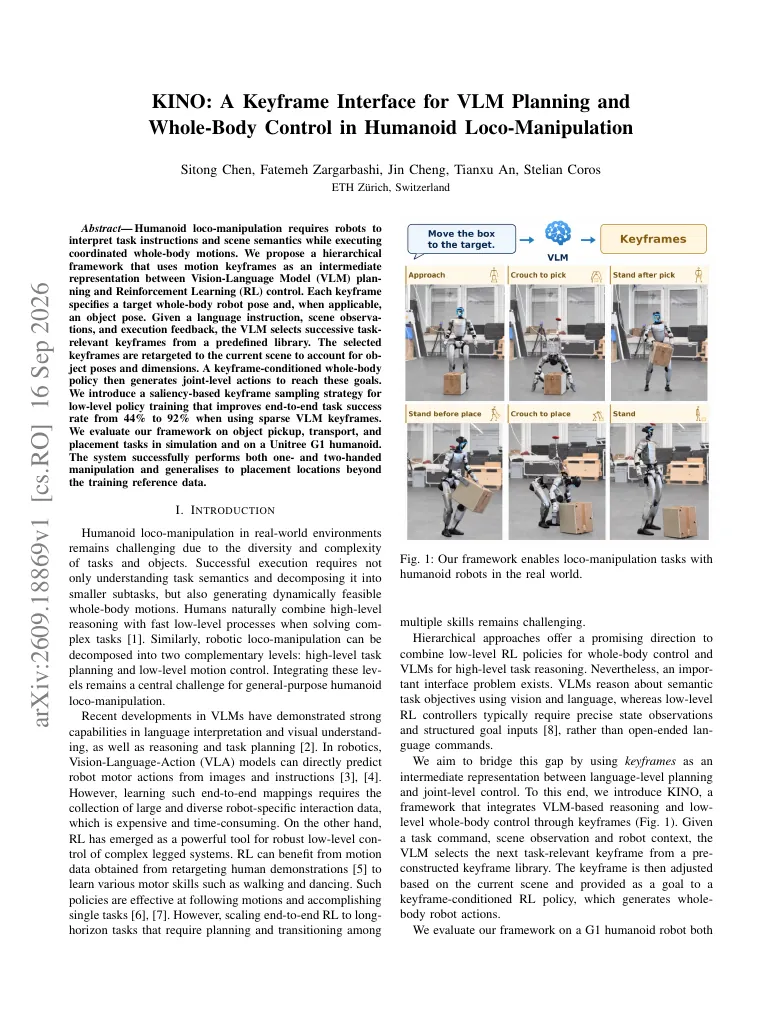 KINO: A Keyframe Interface for VLM Planning and Whole-Body Control in Humanoid Loco-Manipulation visual