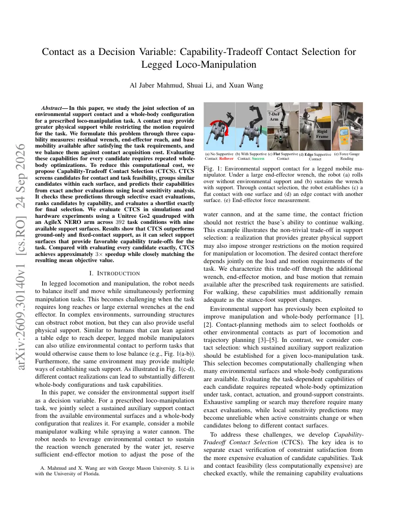 Contact as a Decision Variable: Capability-Tradeoff Contact Selection for Legged Loco-Manipulation visual