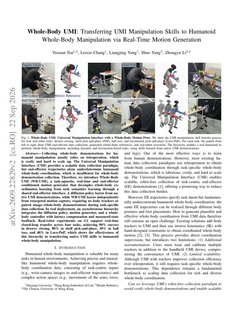 Whole-Body UMI: Transferring UMI Manipulation Skills to Humanoid Whole-Body Manipulation via Real-Time Motion Generation visual