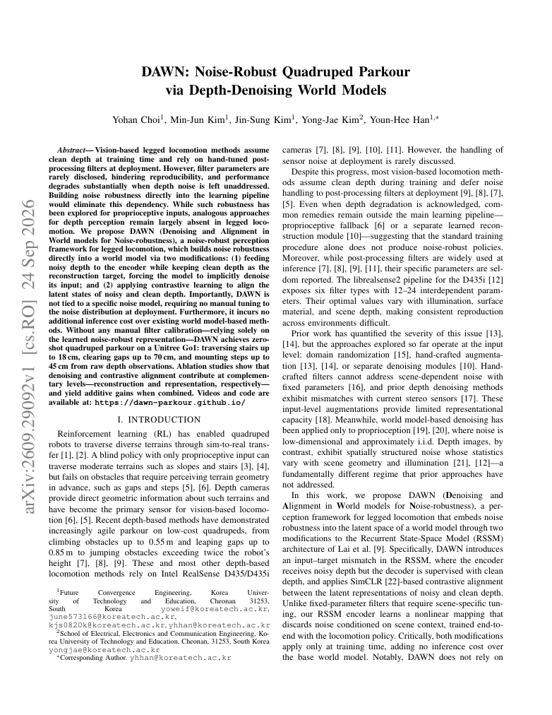 DAWN: Noise-Robust Quadruped Parkour via Depth-Denoising World Models visual