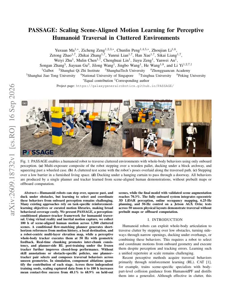 PASSAGE: Scaling Scene-Aligned Motion Learning for Perceptive Humanoid Traversal in Cluttered Environments visual