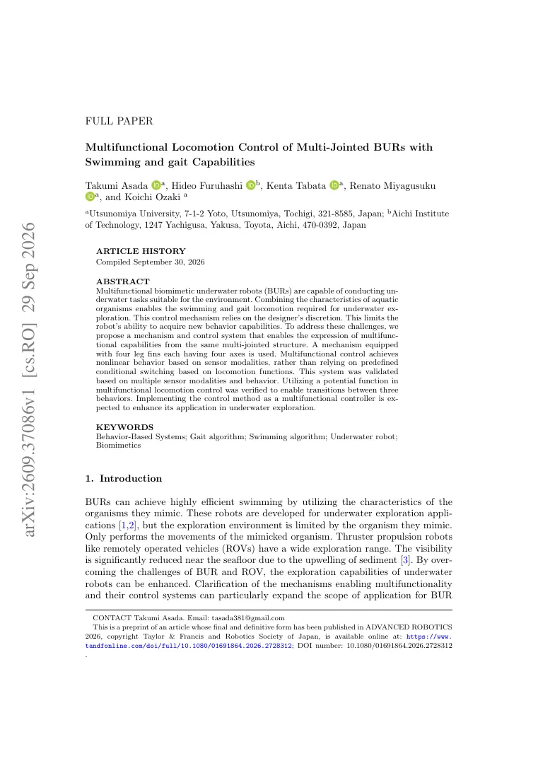 Multifunctional Locomotion Control of Multi-Jointed BURs with Swimming and gait Capabilities visual