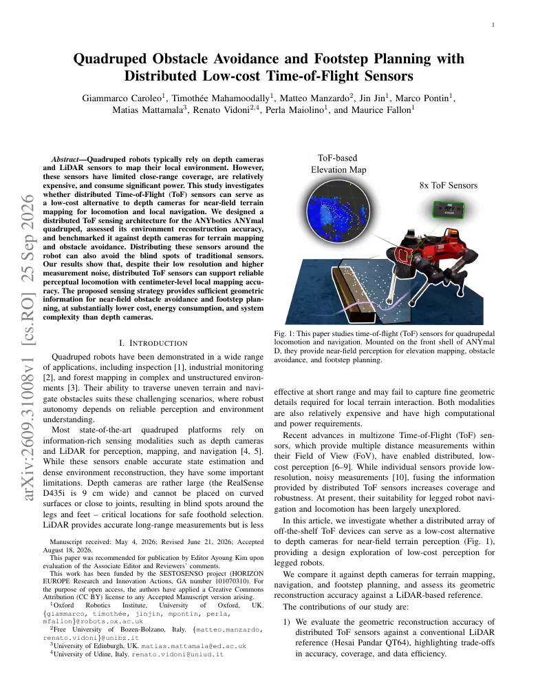 Quadruped Obstacle Avoidance and Footstep Planning with Distributed Low-cost Time-of-Flight Sensors visual