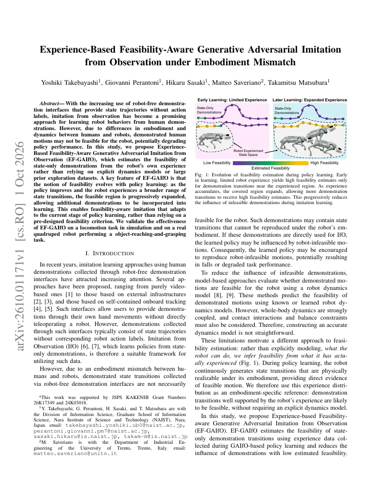 Experience-Based Feasibility-Aware Generative Adversarial Imitation from Observation under Embodiment Mismatch visual