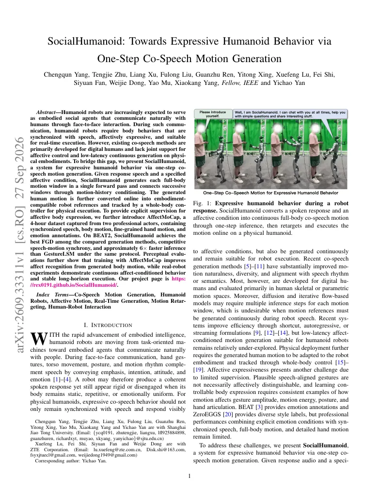 SocialHumanoid: Towards Expressive Humanoid Behavior via One-Step Co-Speech Motion Generation visual