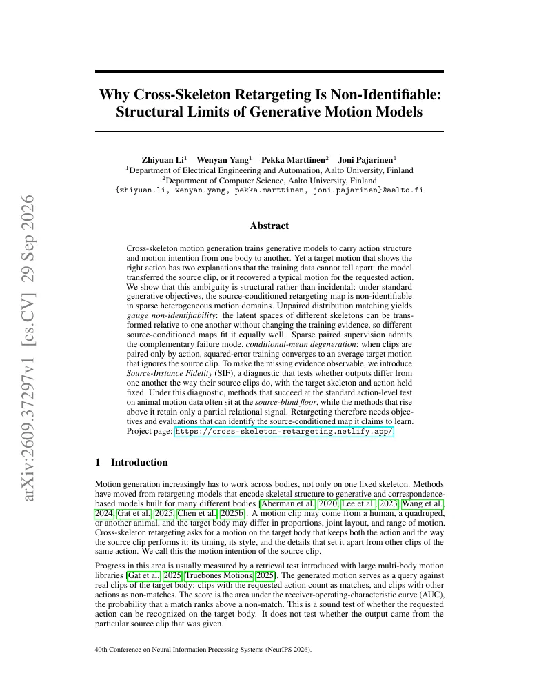 Why Cross-Skeleton Retargeting Is Non-Identifiable: Structural Limits of Generative Motion Models visual