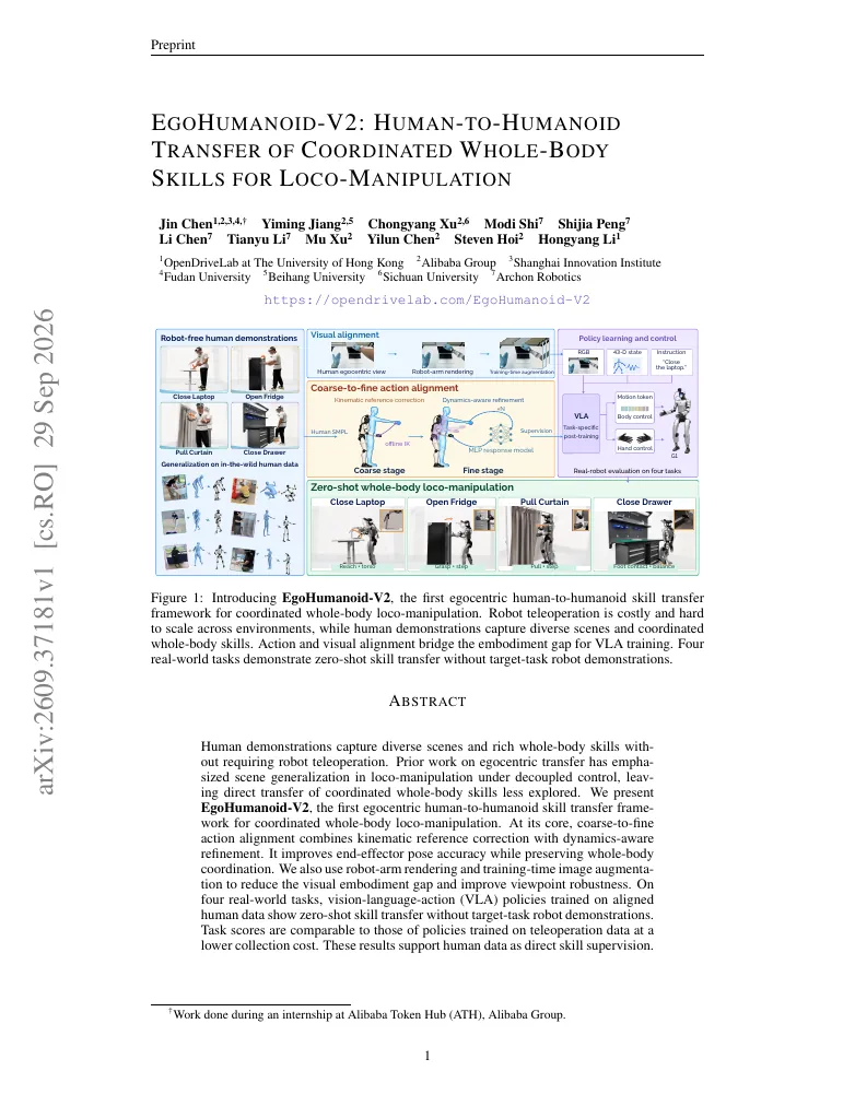 EgoHumanoid-V2: Human-to-Humanoid Transfer of Coordinated Whole-Body Skills for Loco-Manipulation visual