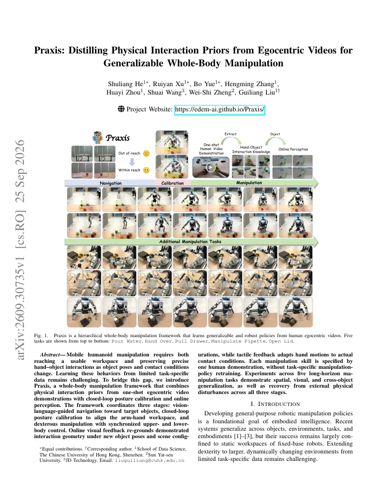 Praxis: Distilling Physical Interaction Priors from Egocentric Videos for Generalizable Whole-Body Manipulation visual