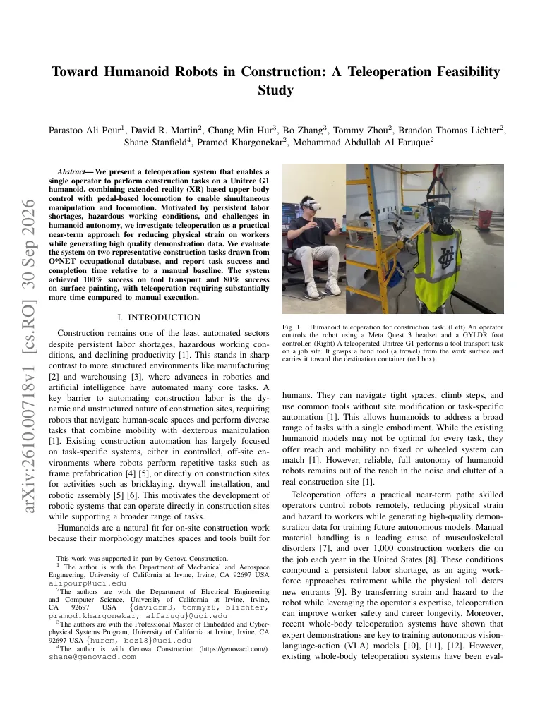 Toward Humanoid Robots in Construction: A Teleoperation Feasibility Study visual