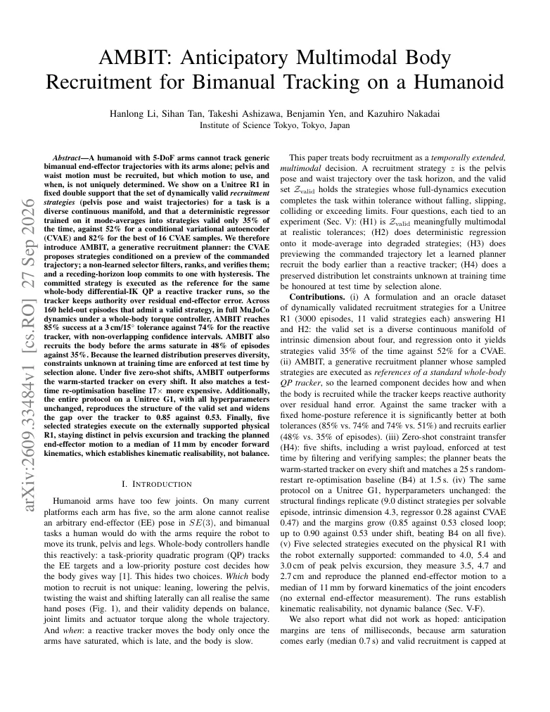 AMBIT: Anticipatory Multimodal Body Recruitment for Bimanual Tracking on a Humanoid visual