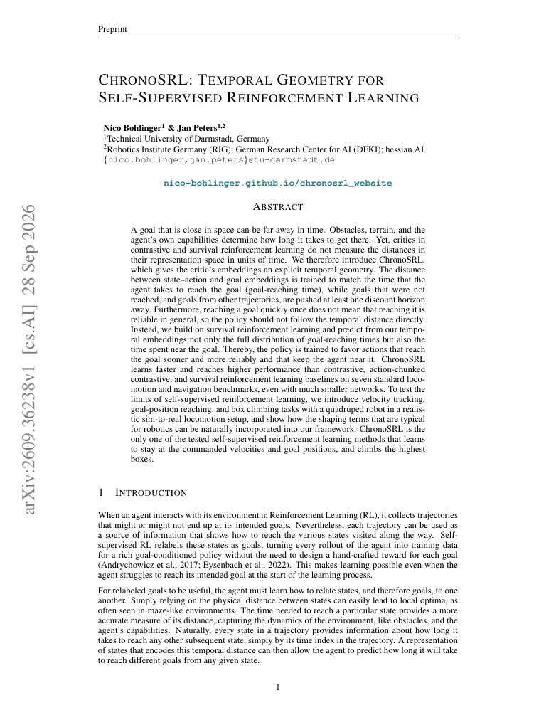 ChronoSRL: Temporal Geometry for Self-Supervised Reinforcement Learning visual
