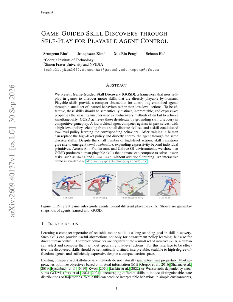 Game-Guided Skill Discovery through Self-Play for Playable Agent Control visual