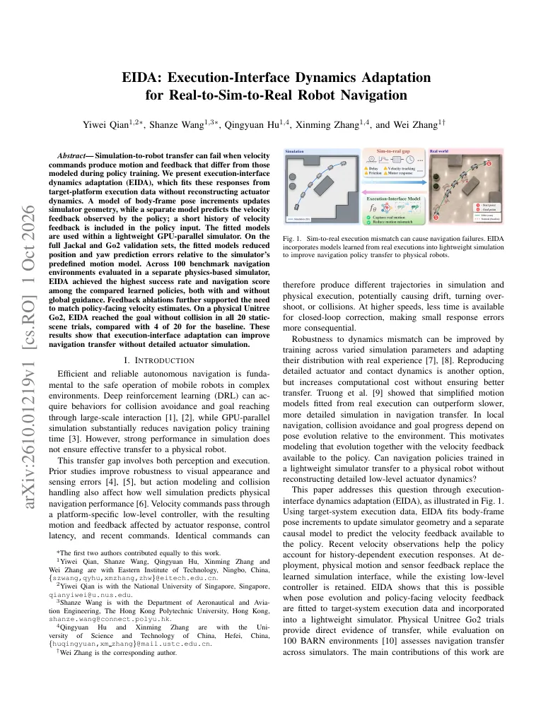 EIDA: Execution-Interface Dynamics Adaptation for Real-to-Sim-to-Real Robot Navigation visual