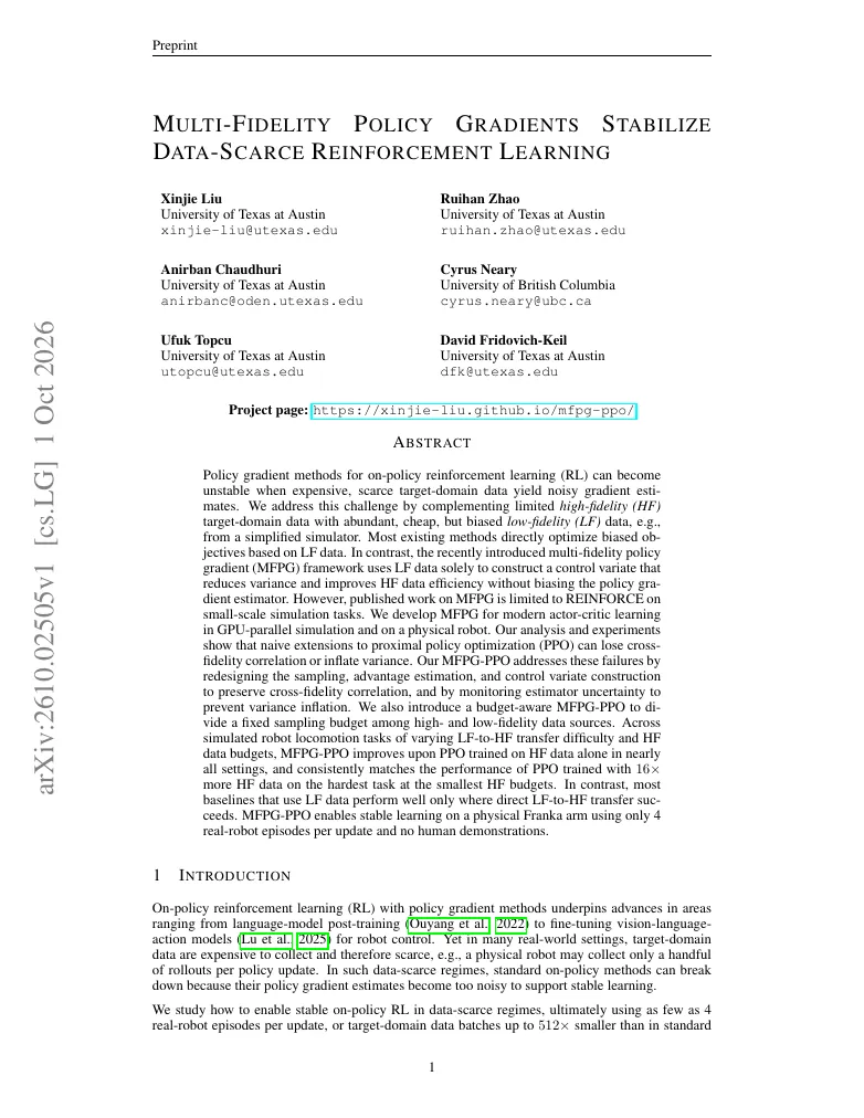 Multi-Fidelity Policy Gradients Stabilize Data-Scarce Reinforcement Learning visual